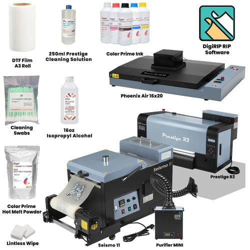 Absolute Toner Prestige R2 Shaker and Oven Bundle Containing Prestige R2 DTF Desktop Sized Printer, DTF Station Seismo 11, Purifier Mini And Phoenix Air 16x20 DTF printer