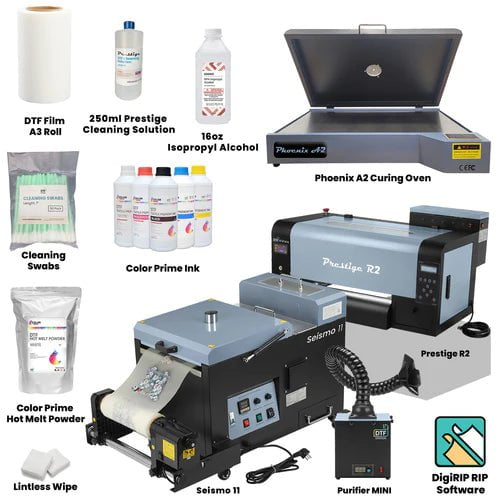 Absolute Toner Prestige R2 Shaker and Oven Bundle Containing Prestige R2 DTF Desktop Sized Printer, DTF Station Seismo 11, Purifier Mini And Phoenix A2 Curing Oven DTF printer