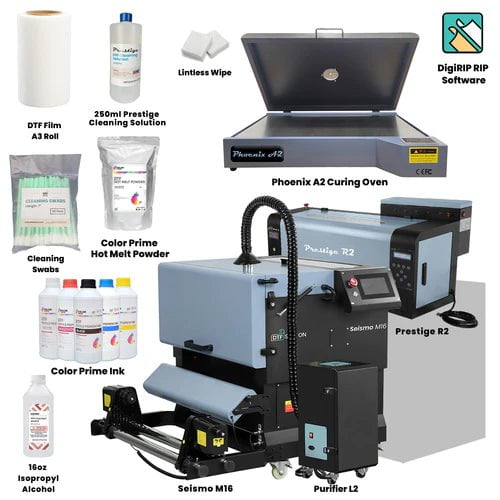 Absolute Toner Prestige R2 Shaker and Oven Bundle Containing Prestige R2 DTF Desktop Sized Printer, Phoenix A2 Curing Oven, Seismo M16 DTF Powder Applicator/Dryer And Purifier L2 Portable Air Filter DTF printer