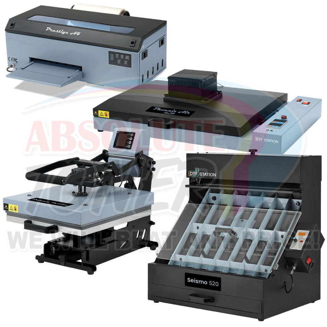Absolute Toner $174.50/Month (After $250 Saving) Prestige A4 DTF Printer 110V With 16x20" Inch (40x50cm) Curing Oven Phoenix Air, Seismo S20 DTF Manual Powder Station And A3 Prisma Palette Heat Press DTF printer