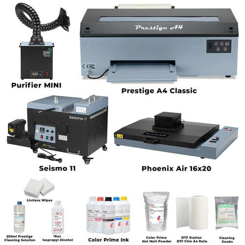 Absolute Toner Prestige A4 Shaker and Oven Bundle Containing Prestige A4 DTF Printer, DTF Station Seismo 11, Purifier Mini And Phoenix Air 16x20 DTF printer