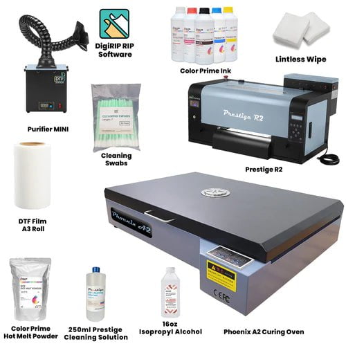 Absolute Toner Prestige R2 Curing Oven Bundle Containing Prestige R2 DTF Desktop Sized Printer, Phoenix A2 Curing Oven And Mini Purifier DTF printer