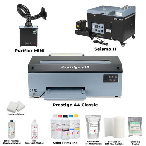 Absolute Toner Prestige A4 Shaker Bundle Containing Prestige A4 DTF Printer And DTF Station Seismo 11 With Purifier Mini DTF printer