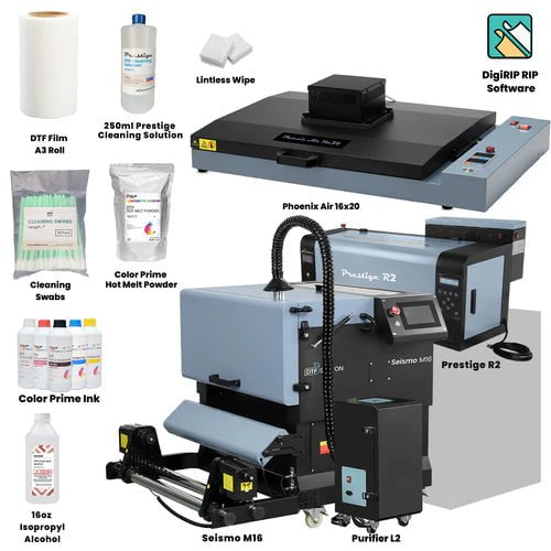 Absolute Toner Prestige R2 Shaker and Oven Bundle Containing Prestige R2 DTF Desktop Sized Printer, Phoenix Air 16x20 Curing Oven, Seismo M16 DTF Powder Applicator/Dryer And Purifier L2 Portable Air Filter DTF printer