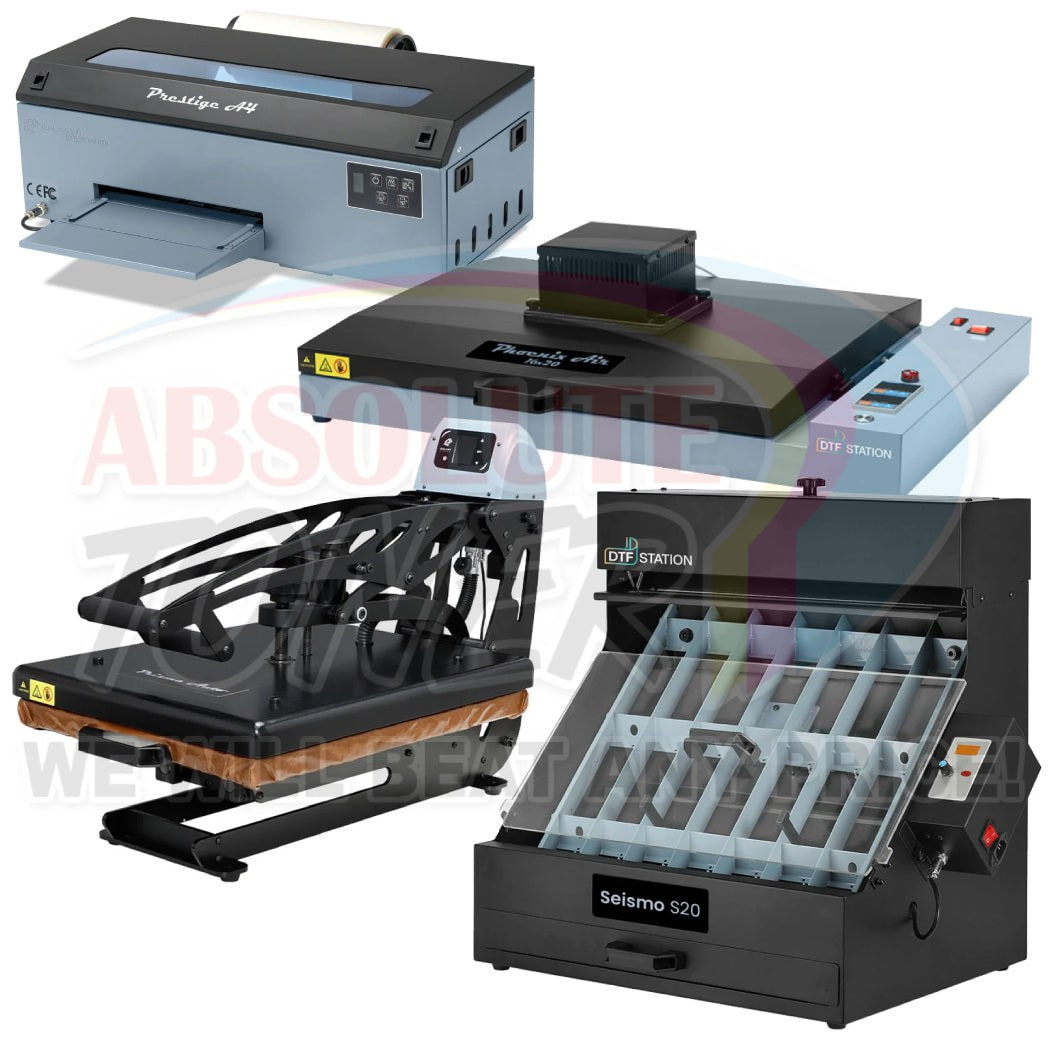 Absolute Toner $182.74/Month (After $250 Saving) Prestige A4 DTF Printer 110V With 16x20" Inch (40x50cm) Curing Oven Phoenix Air, Prisma Auto Clam Slider GS-105HS And Seismo S20 DTF Manual Powder Station DTF printer