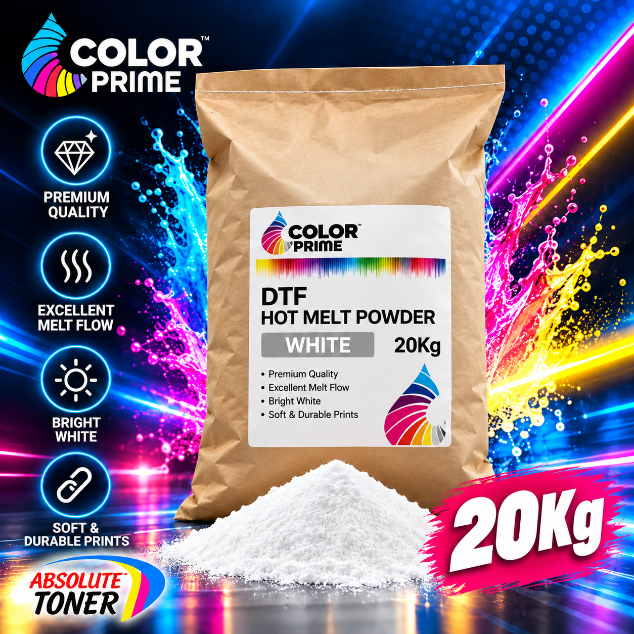 Absolute Toner 20KG Original Color Prime Hot Melt DTF Powder for Direct to Film | Premium Quality for Crisp Transfers BY DTF Station DTF Powder