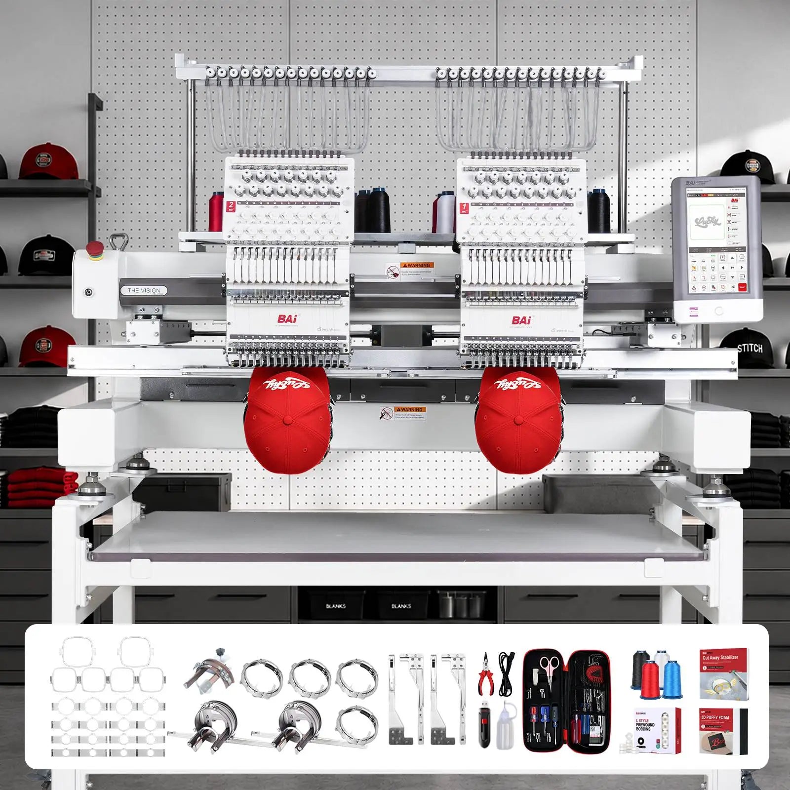 BAi THE VISION 2-Head Commercial Embroidery Machine - Dual-Head 15-Needle Custom Apparel System
