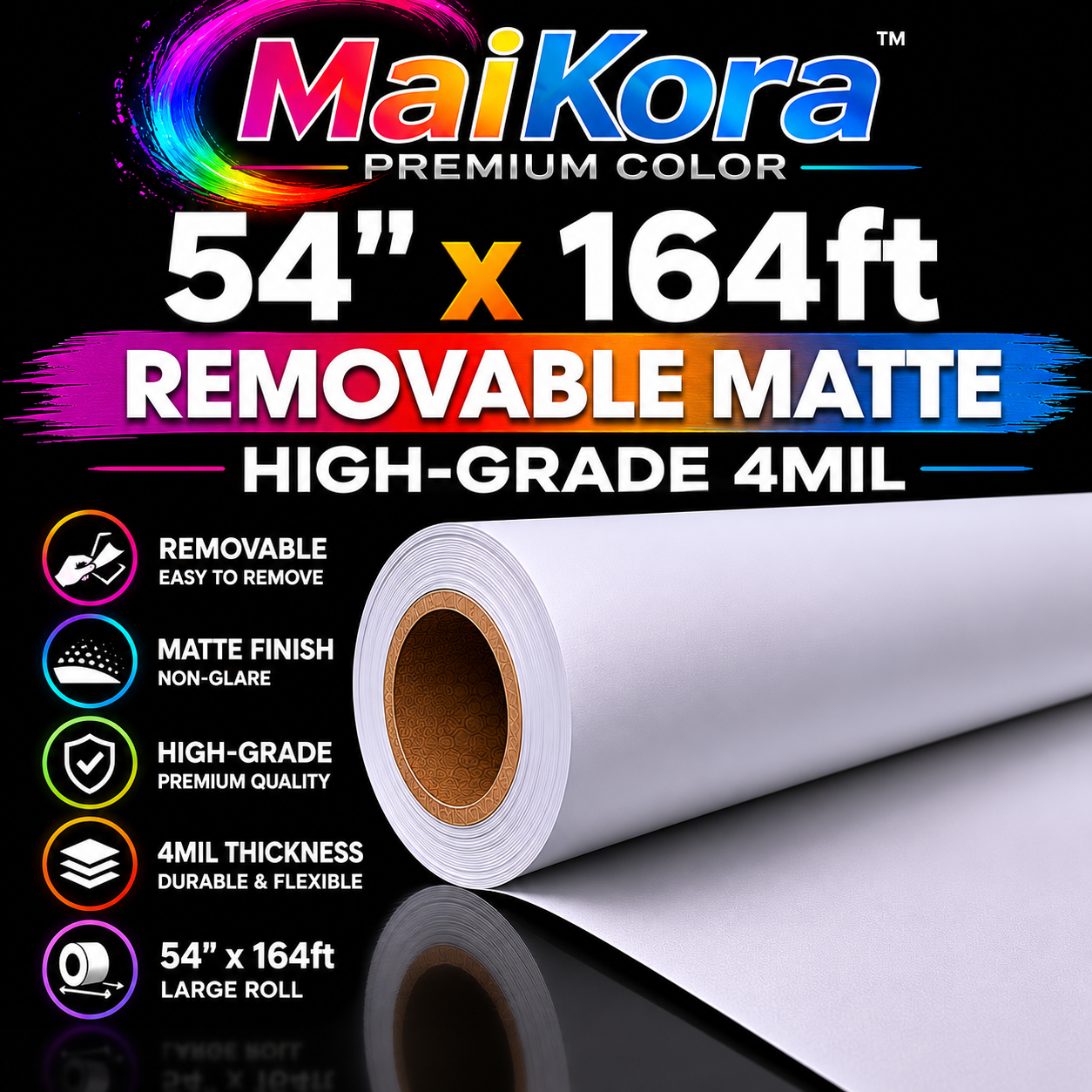 Absolute Toner MaiKora Removable Matte 54"x164ft 4mil Glue less residue, White Vinyl Roll DPE (Eco-Solvent, UV, Latex) 4-mil self-adhesive PVC film engineered for high-impact Dance-Floor-Wrapping, displays and luxury branding vinyl roll