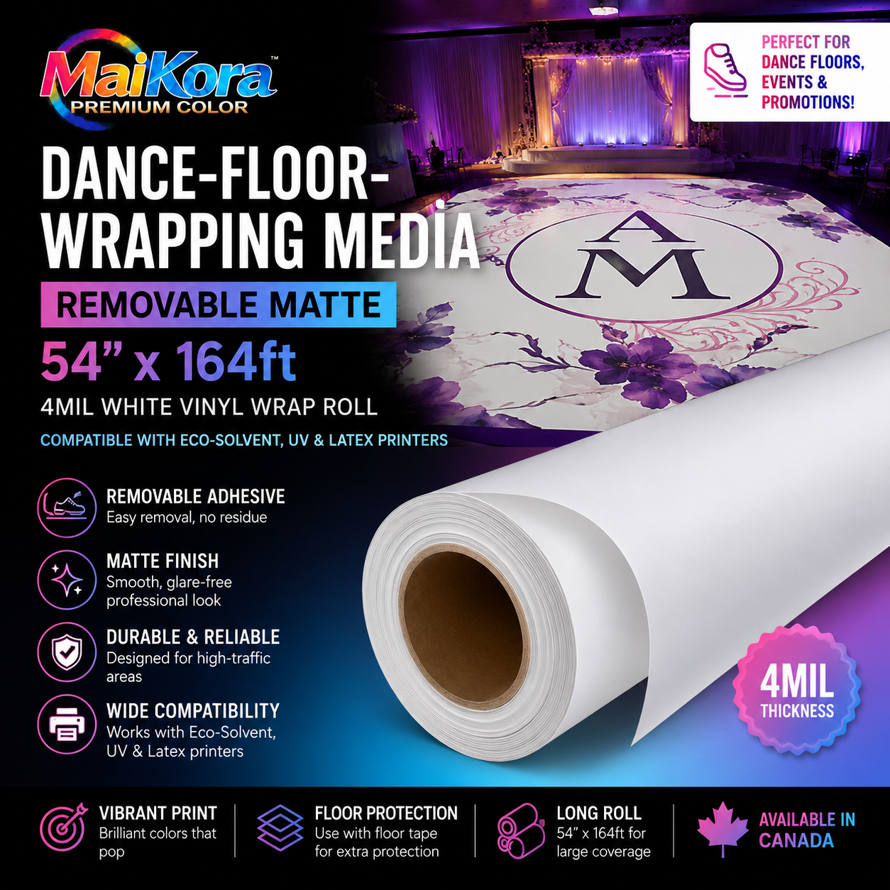 Absolute Toner 54"x164ft 4mil Dance-Floor-Wrapping Media REMOVABLE MATTE - MaiKora White Vinyl Wrap Roll (Eco-Solvent, UV, Latex) vinyl roll