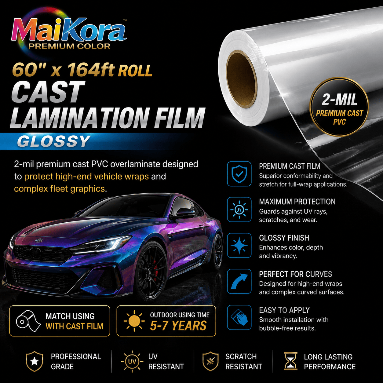Absolute Toner 60" x 164ft Roll CAST LAMINATION FILM GLOSSY Premium Vehicle Wrap Overlaminate 2-mil premium cast PVC overlaminate designed to protect high-end vehicle wraps and complex fleet graphics vinyl roll