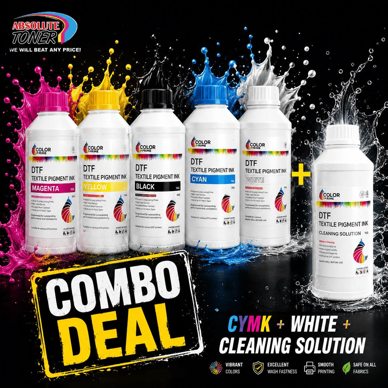Absolute Toner Color Prime (CMYK+W+CL)DTF Original Color Prime Ink Bundle for Prestige DTF Printers DTF ink