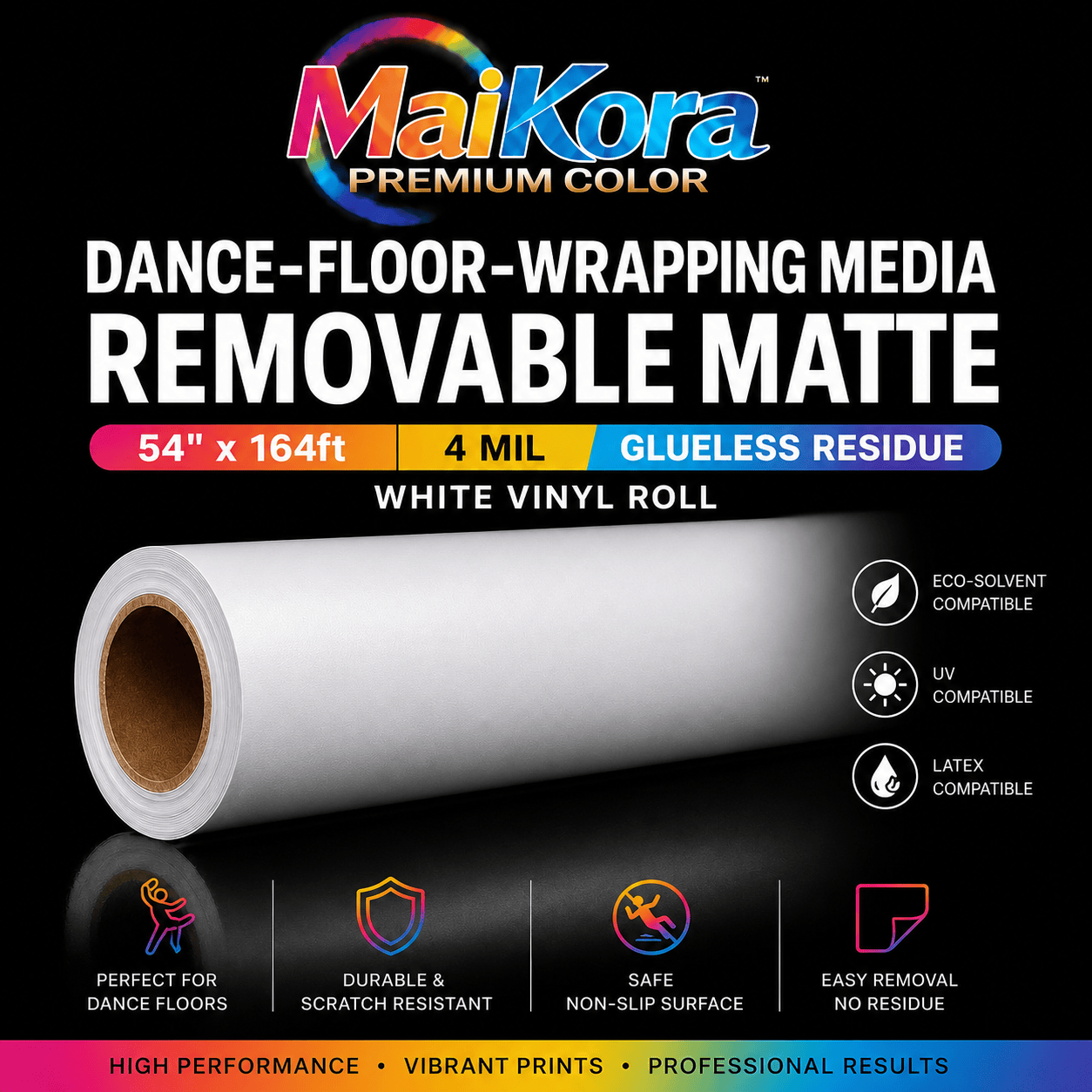 Absolute Toner Dance-Floor-Wrapping Media REMOVABLE MATTE - MaiKora  54"x164ft 4mil Glueless residue, White Vinyl Roll (Eco-Solvent, UV, Latex) vinyl roll