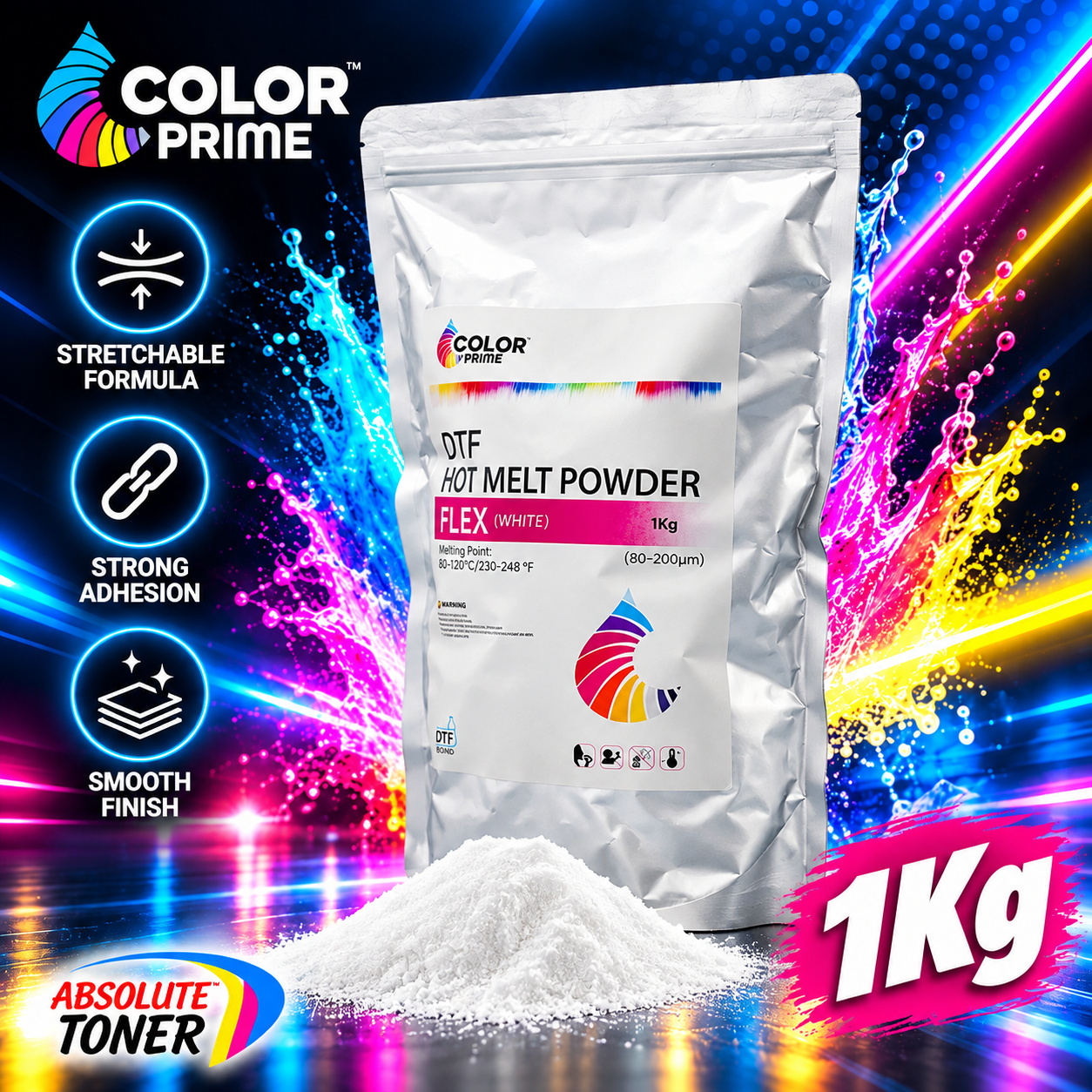 Absolute Toner Original Color Prime Flex Hot Melt Powder for Direct to Film – Premium Stretchable Adhesive for DTF Printing (1KG) DTF Powder