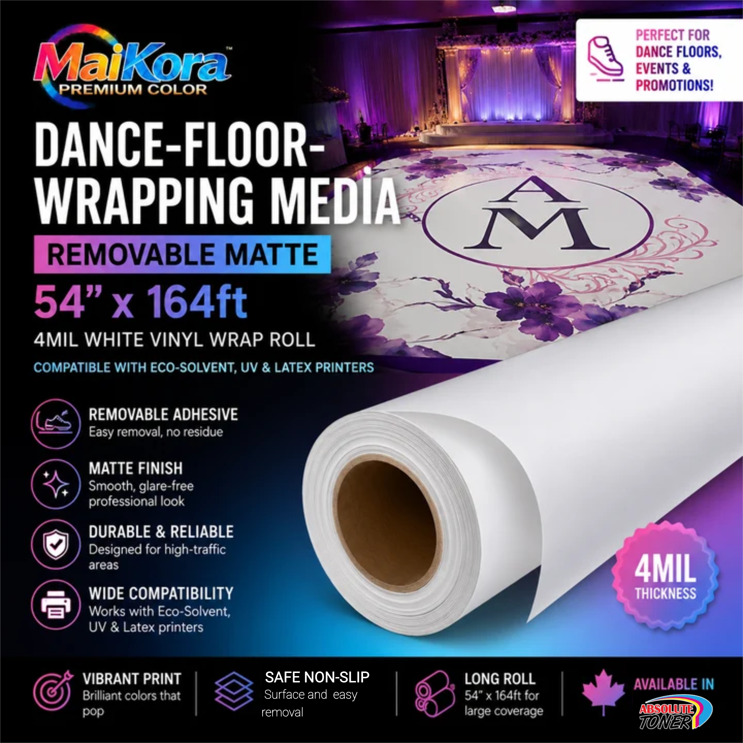 Absolute Toner 54"x164ft 4mil Dance-Floor-Wrapping Media REMOVABLE MATTE - MaiKora White Vinyl Wrap Roll (Eco-Solvent, UV, Latex) vinyl roll