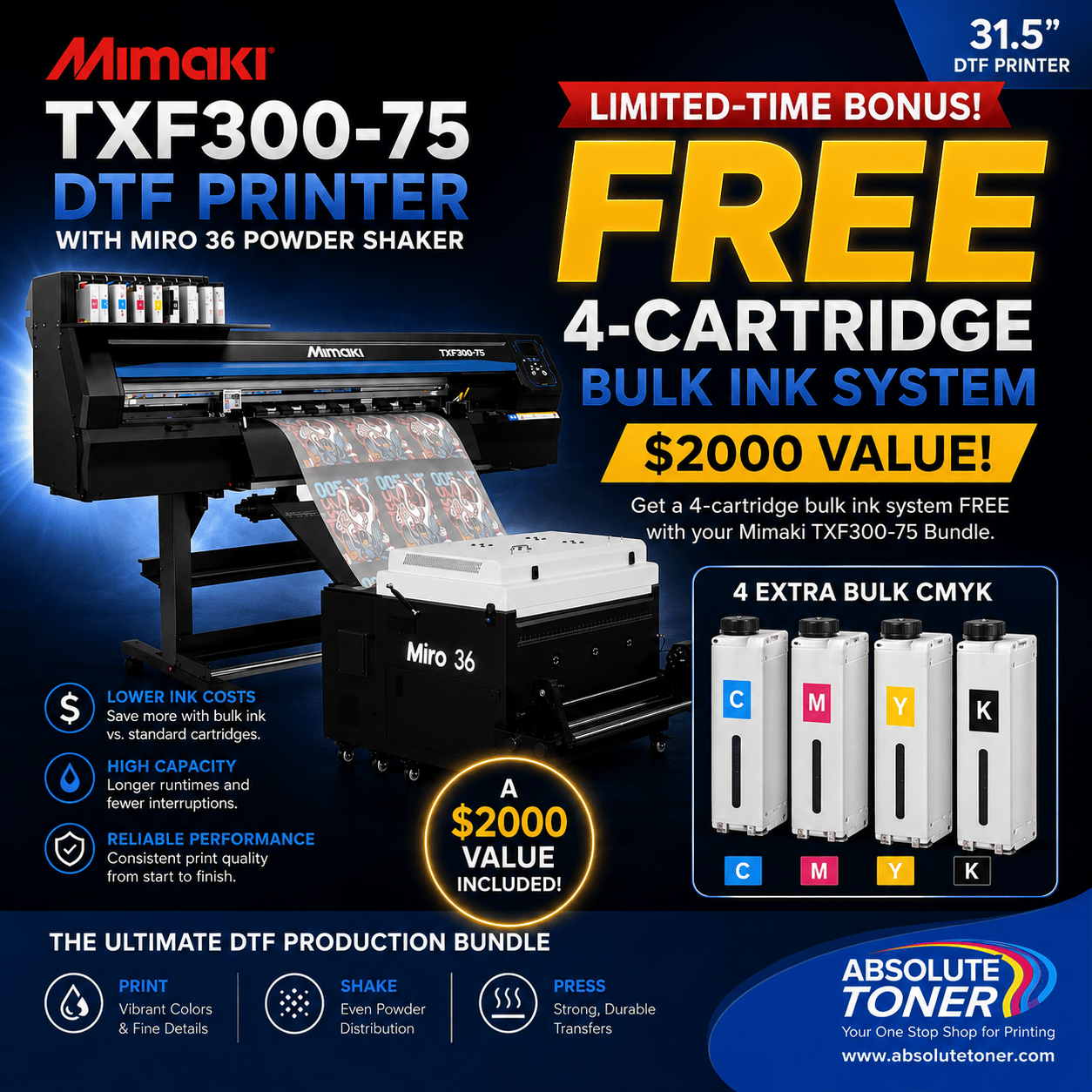 Absolute Toner $375/month New Mimaki DTF TxF300-75 31.5" DTF BUNDLE DTF PRINTER (DIRECT-TO-FILM) Dual Print Heads with Miro 36 Shaker Bundle DTF printer