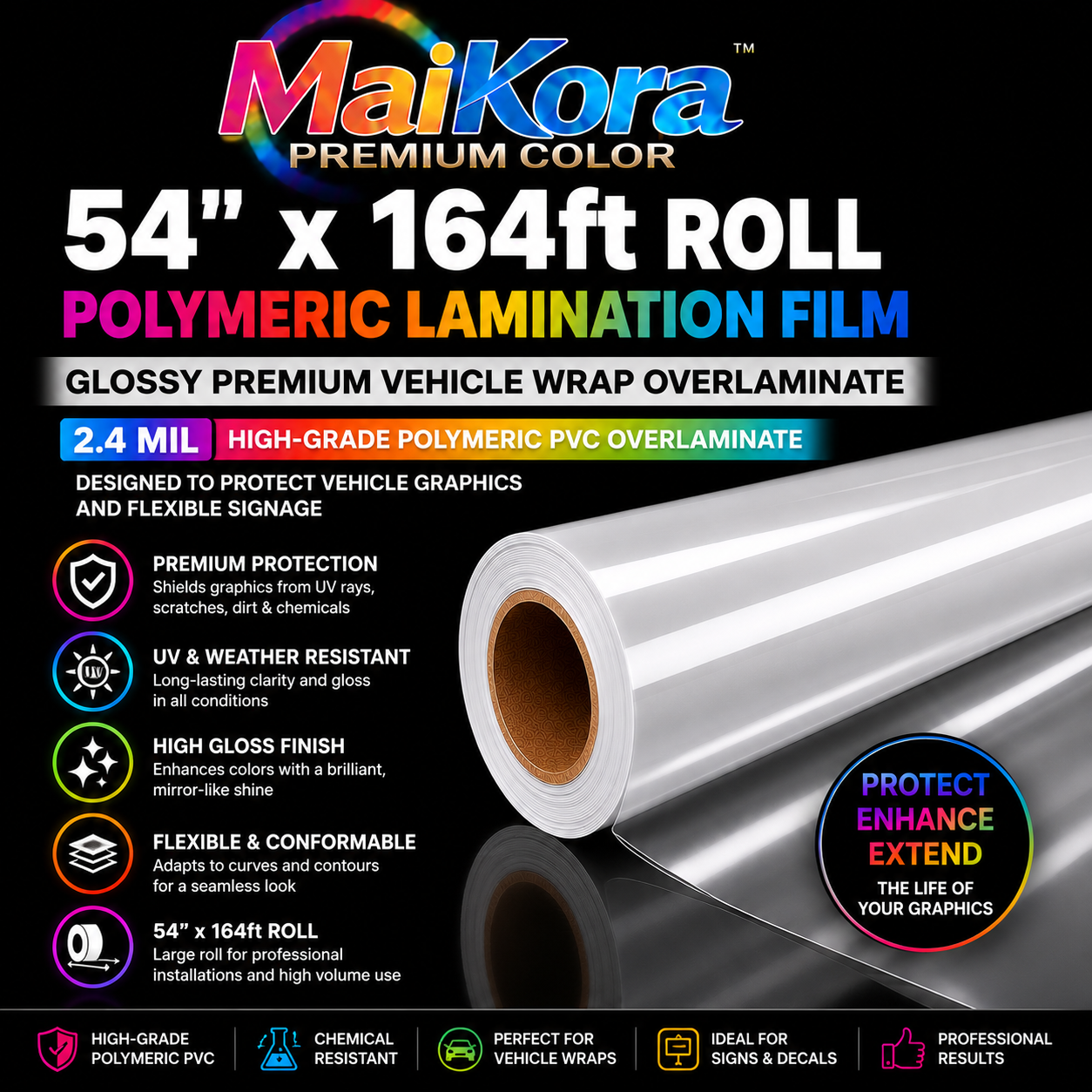 Absolute Toner 2.4-mil Super Grade POLYMERIC Vehicle Wrap Lamination Film GLOSSY 54" x 164ft Roll  Clear Lamination Glue+Double Matte PET liner, Premium Overlaminate High-Grade designed to protect Car Wrapping Graphics and flexible signage vinyl roll