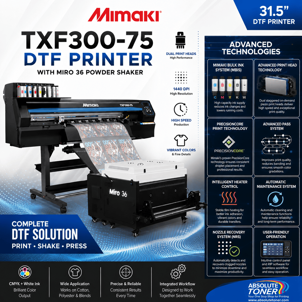 Absolute Toner $375/month New Mimaki DTF TxF300-75 31.5" DTF BUNDLE DTF PRINTER (DIRECT-TO-FILM) Dual Print Heads with Miro 36 Shaker Bundle DTF printer