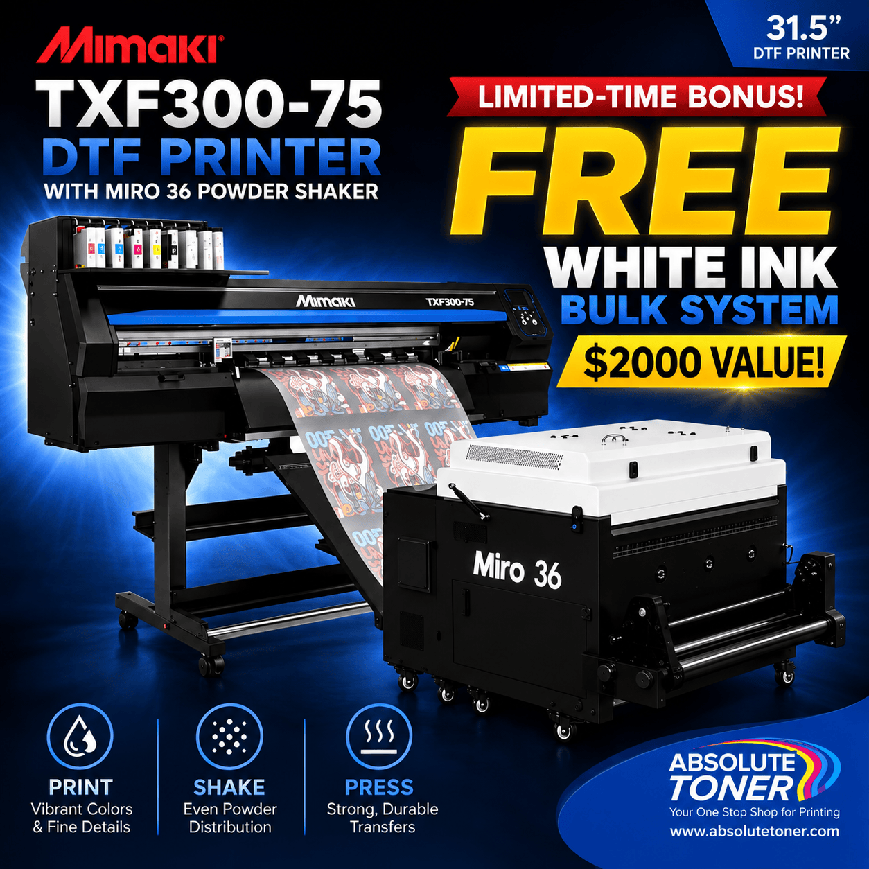 Absolute Toner PROMO: $285/month New Mimaki DTF TxF300-75 31.5" DTF BUNDLE DTF PRINTER (DIRECT-TO-FILM) Dual Print Heads with Miro 36 Shaker Bundle DTF printer