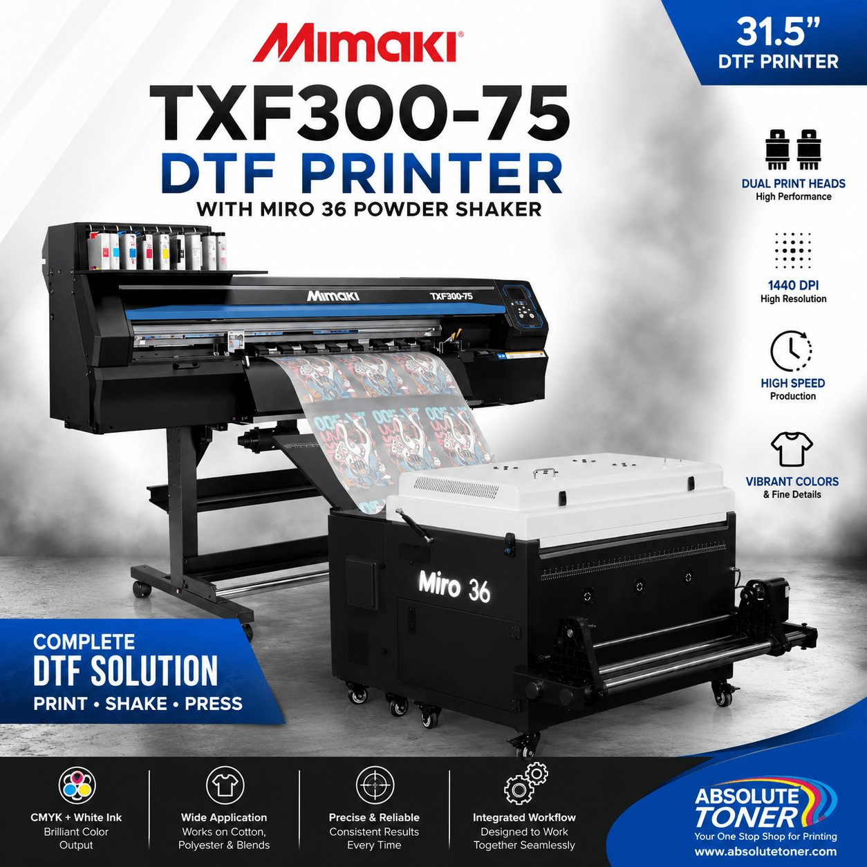 Absolute Toner $375/month New Mimaki DTF TxF300-75 31.5" DTF BUNDLE DTF PRINTER (DIRECT-TO-FILM) Dual Print Heads with Miro 36 Shaker Bundle DTF printer