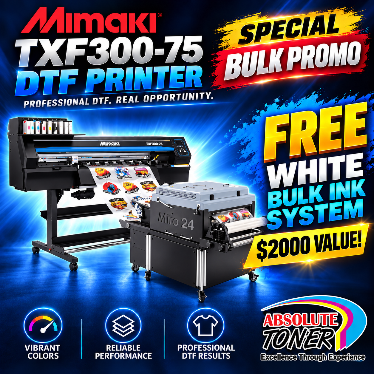 PROMO: $268/month New Mimaki DTF TxF300-75 32" DTF BUNDLE DTF PRINTER (DIRECT-TO-FILM) Dual Print Heads with Miro 24 Shaker Bundle