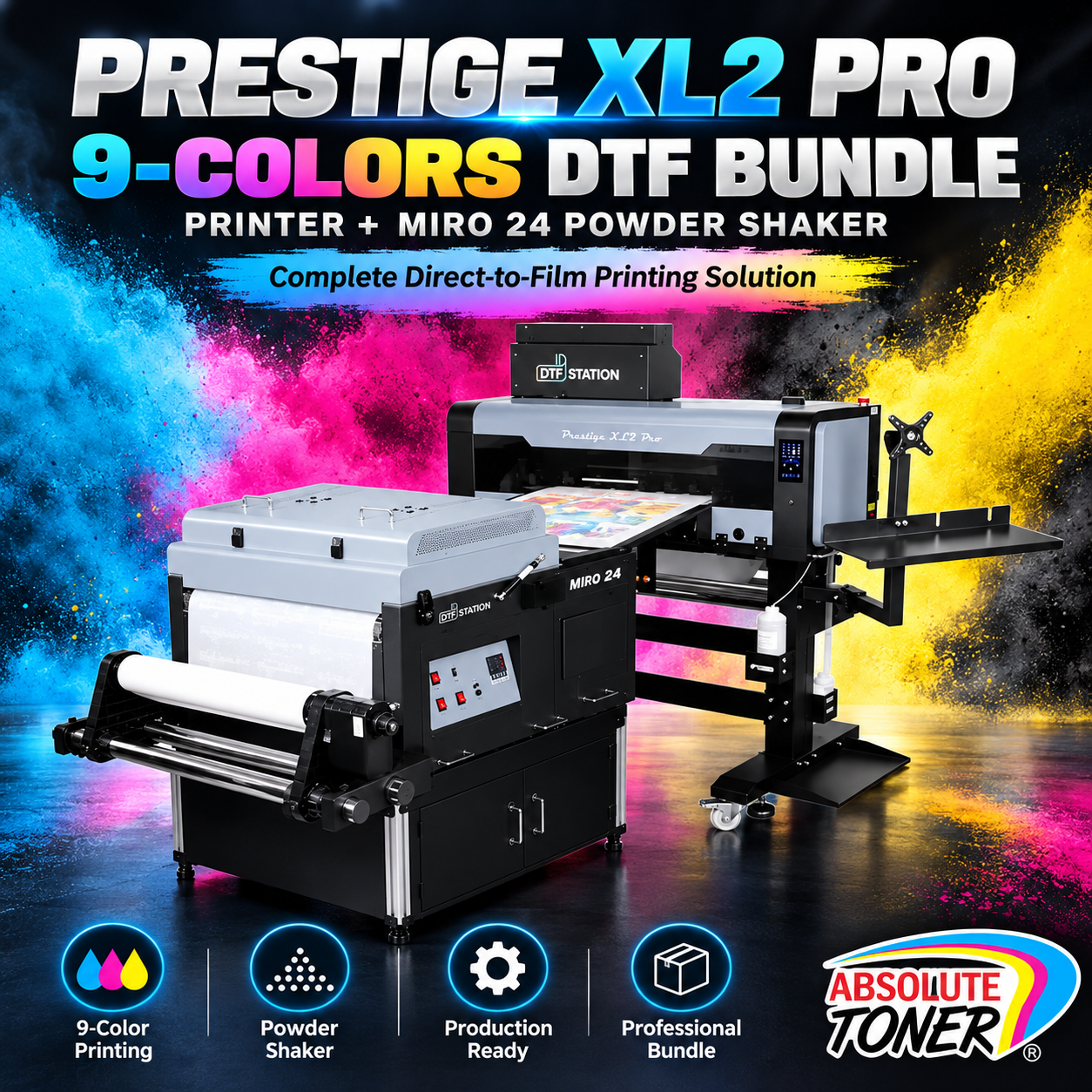 Absolute Toner From $417/Month 9-Colour BUNDLE 24" Prestige XL2 PRO New DTF Station Printer with Automatic Powder Applicator/Shaker/Oven/Purifier -MC DTF printer