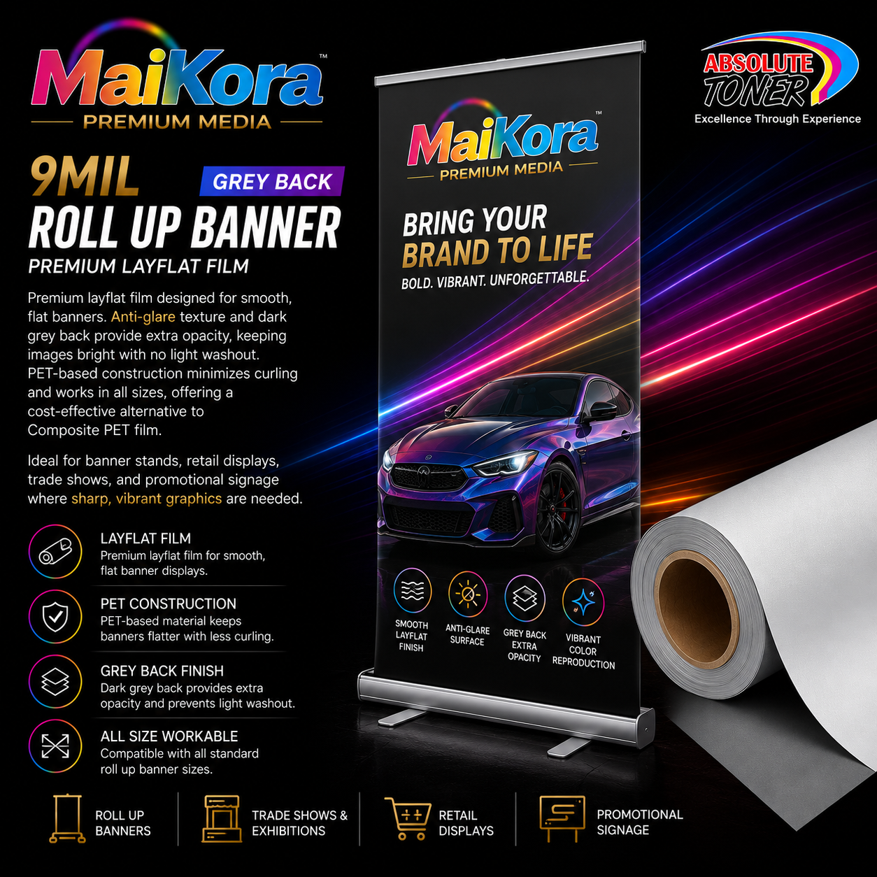 Absolute Toner MaiKora (From $139) 9mil 42"x164FT Signage & Roll Up Banner Film Grey Back PET Layflat Media | Anti Curl Roll Banner Material for Sharp, Vibrant Graphics vinyl roll