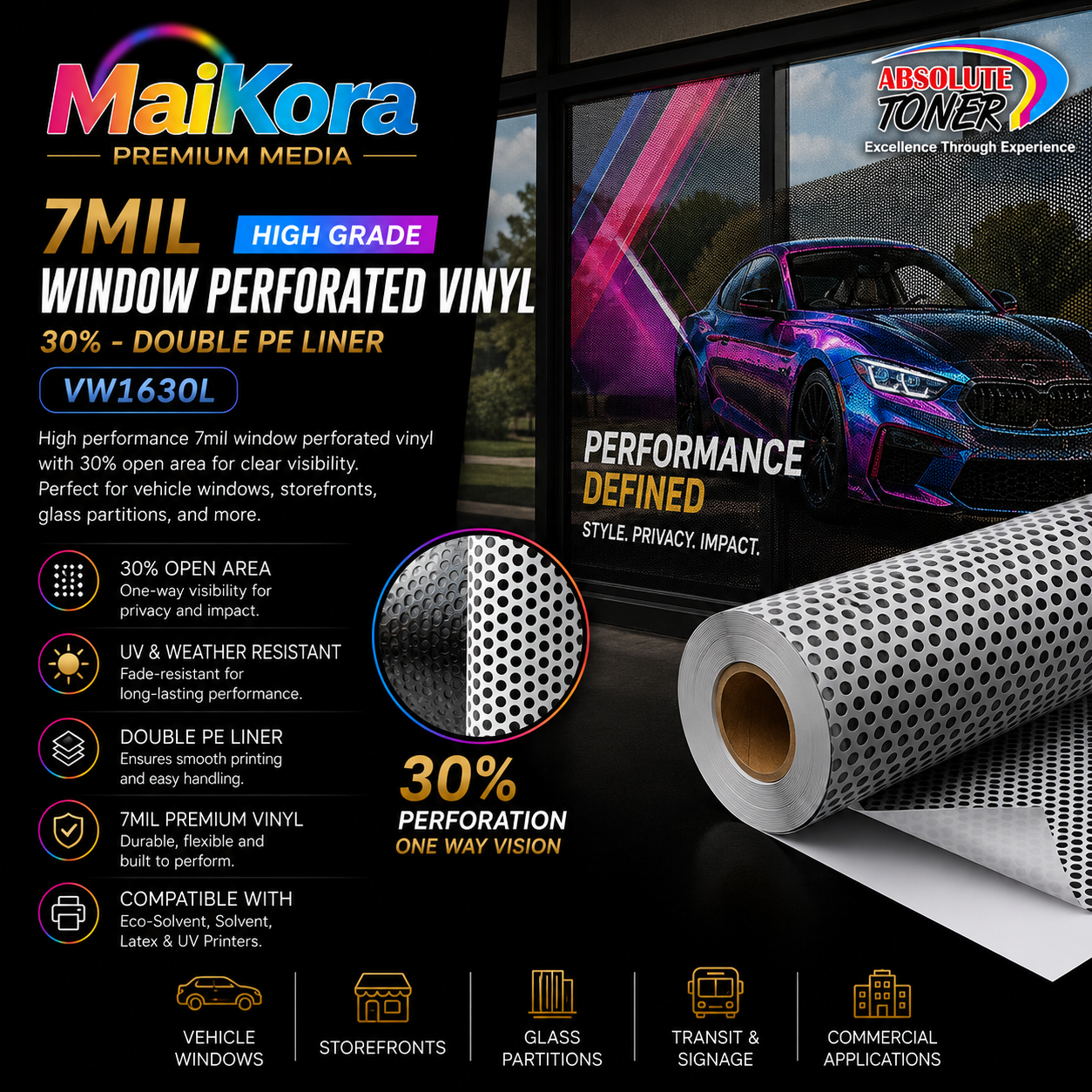 Absolute Toner MaiKora 7mil,54"x165ft Premium High Grade Window Perforated Vinyl 30% Double PE Liner - VW1630L vinyl roll