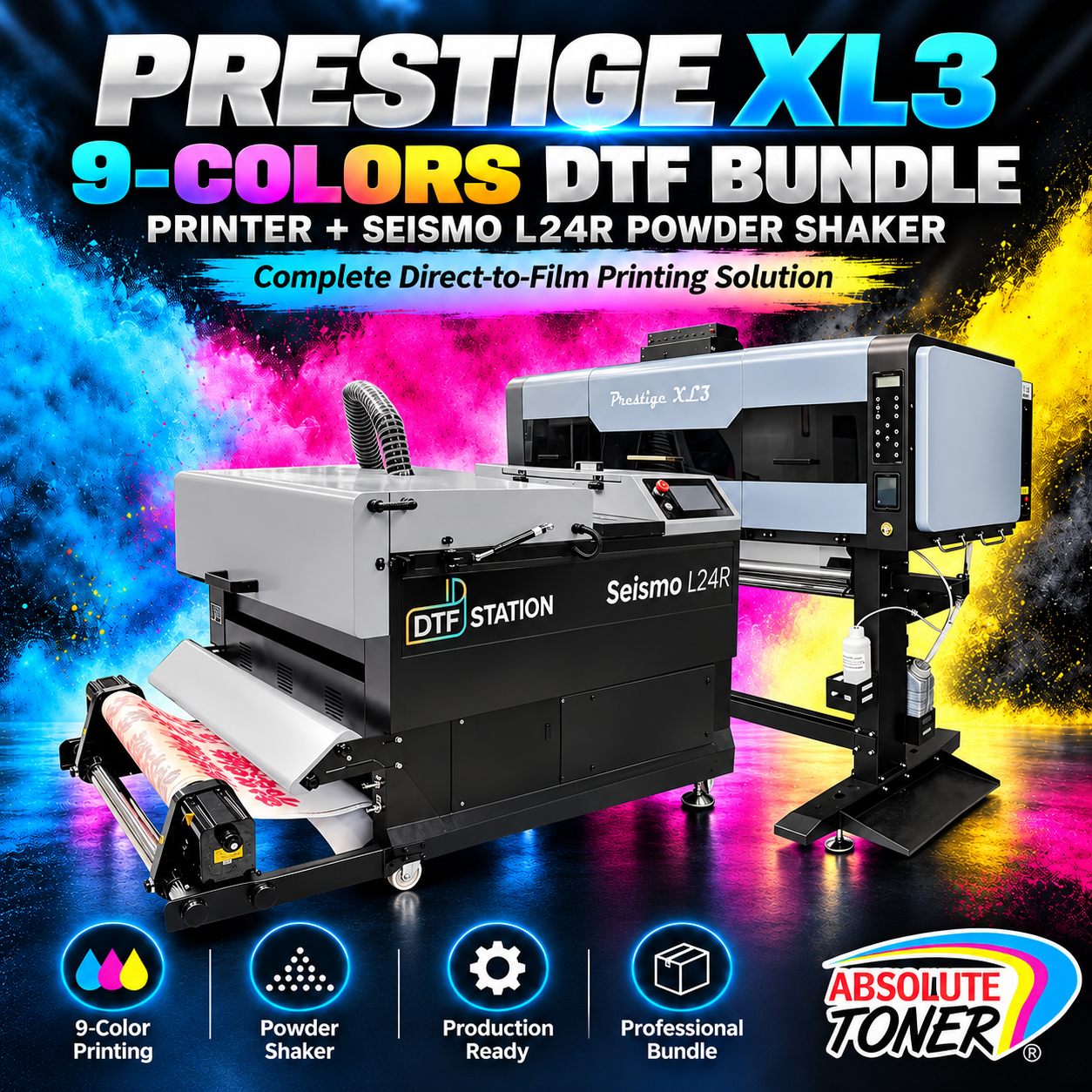 Absolute Toner From $497/month - 9 COLORS Prestige XL3 with 3 Epson i3200 DTF Printer Bundle with Auto Powder Shaker/Oven DTF printer