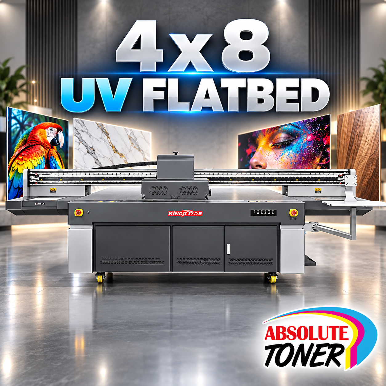 Absolute Toner Brand New 4ftx8ft KINGJET Premium Industrial UV Flatbed Printer with 6 Printheads UV Flatbed Printer