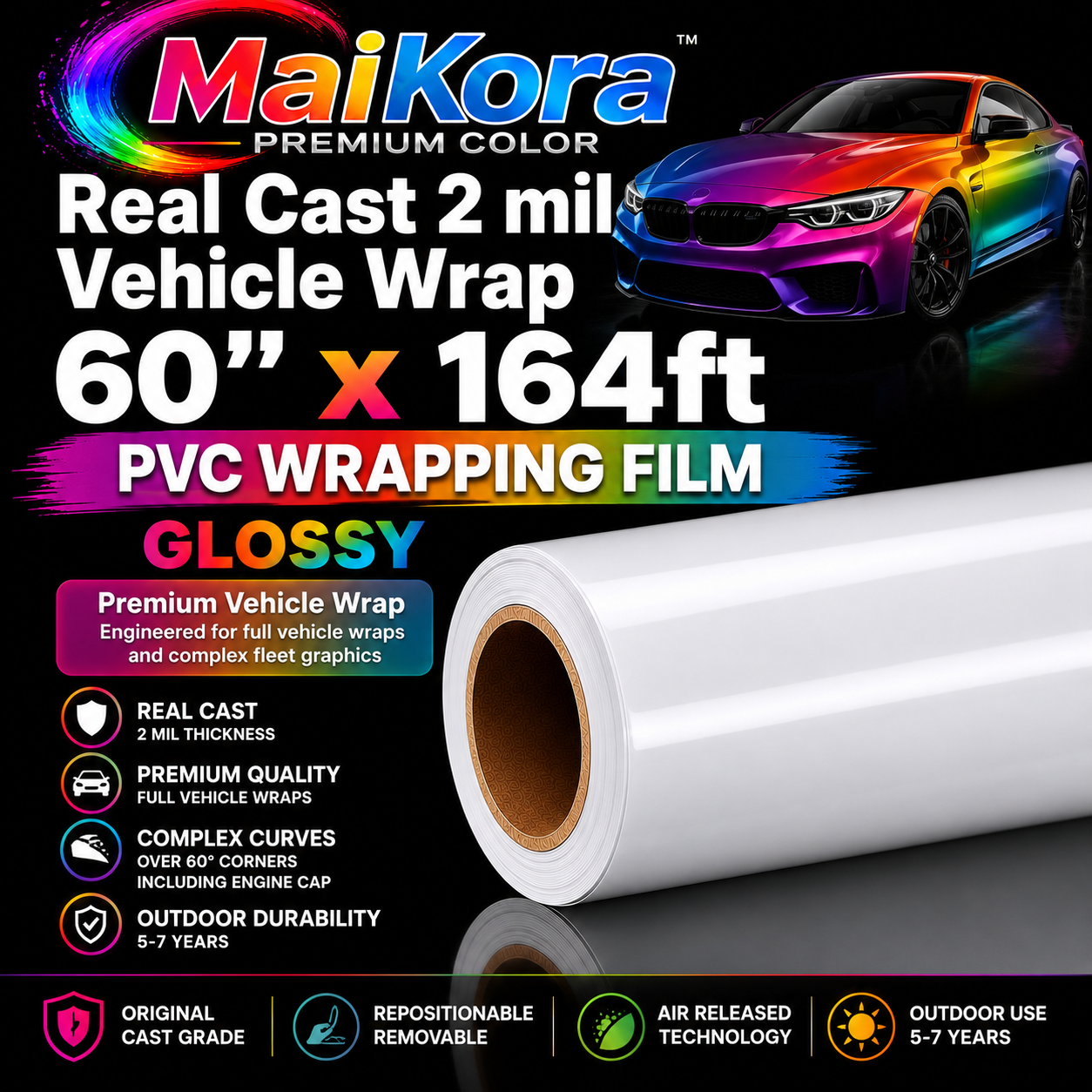 Absolute Toner Real Cast 2 mil Vehicle Wrap 60"x164ft PVC wrapping film GLOSSY Premium Vehicle Wrap Engineered for full vehicle wraps and complex fleet graphics vinyl roll