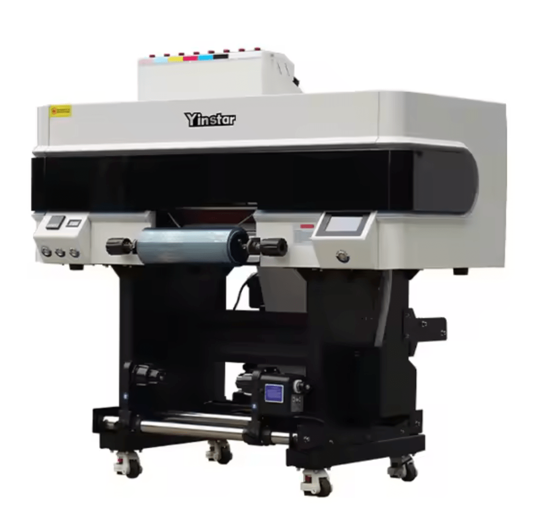 Absolute Toner $196/month NEW MODEL UV DTF Printer CMYK White & Varnish with laminator (Auto Film Lamination) Yinstar 3 Epson Heads UV DTF Sticker Printer for Glass Plastic Leather and more DTF printer