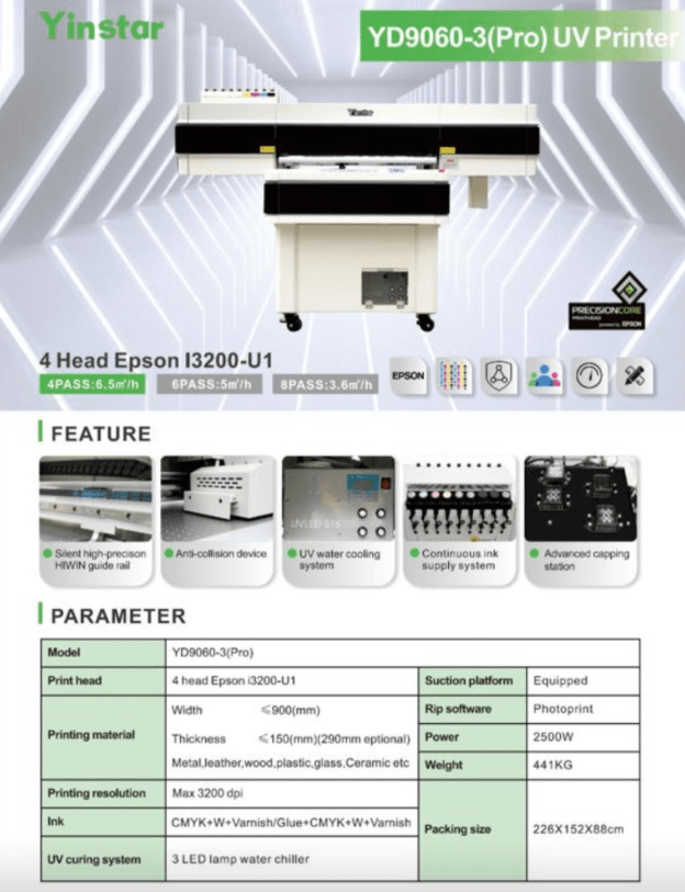 Absolute Toner Yinstar YD9060-3 Pro Flatbed UV Printer Direct Printing 11.4-Inch 29cm Super-High Printing Height with 4x Top-Of-The-Line Epson i3200 Print Heads UV Flatbed Printer