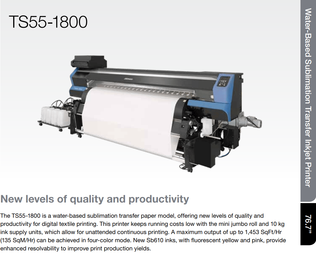 Absolute Toner Mimaki TS55-1800 76" High-Speed Dye Sublimation Industrial Printer for High Volume Textile Production sublimation