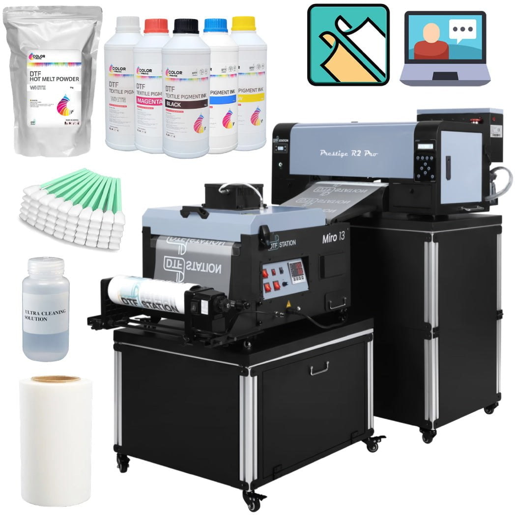 Absolute Toner PRO BUNDLE + SUPPLIES - Prestige R2 PRO 13" Roll DTF Printer 110V A3 (Dual Epson i1600 Print Heads) + Miro 13 Powder Shaker Applicator/Oven Dryer with Air Purifier DTF printer