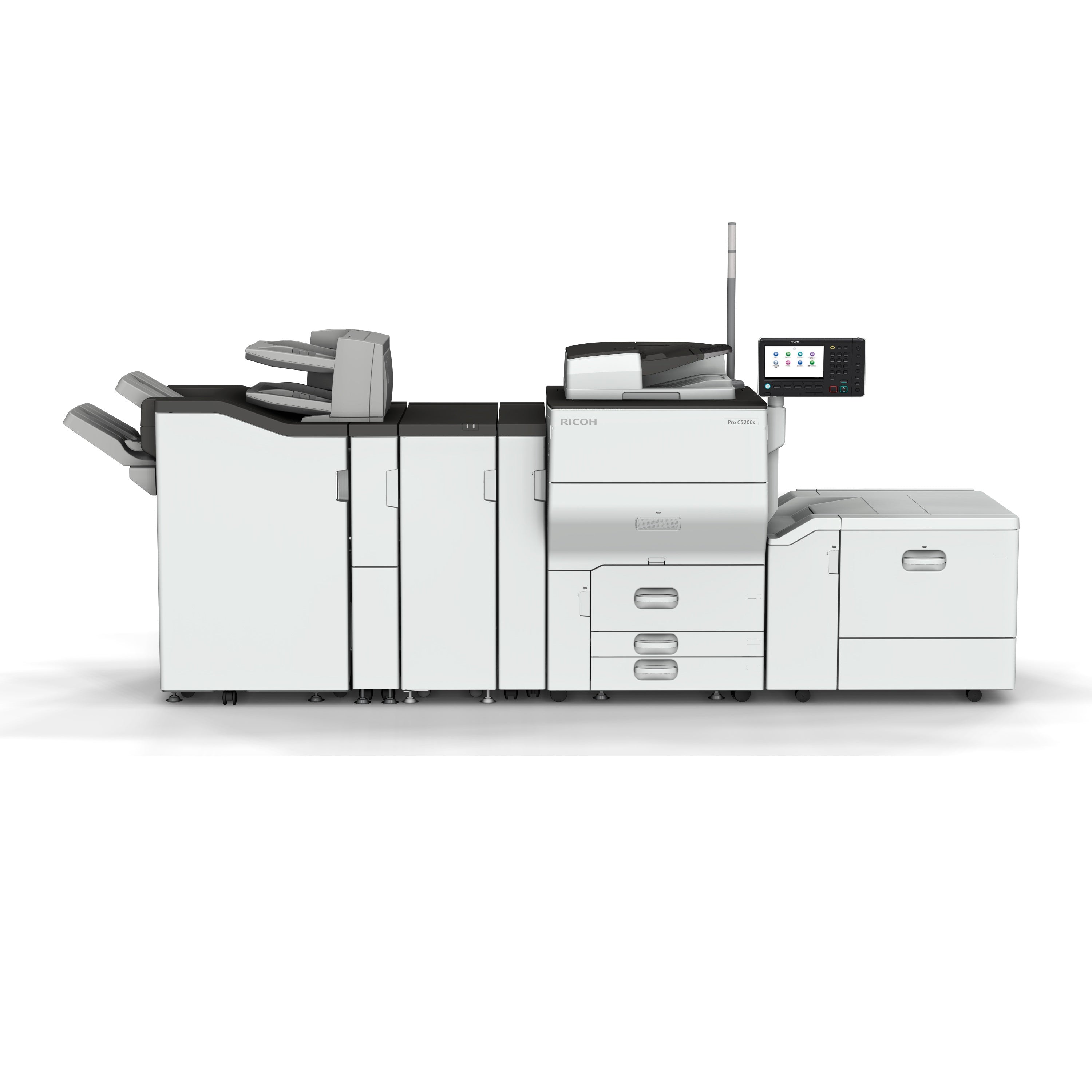 Absolute Toner $165.33/Month VERY LOW PAGE COUNT Ricoh Pro C5200S With TRIPLE-CASSETTE(3) and 1200dip Resolution Multifunction Business Printer/Copier/Scanner/Fax Machine with ADVANCED FINISHER 3-HOLE PUNCH and SADDLE STITCHING Printers/Copiers