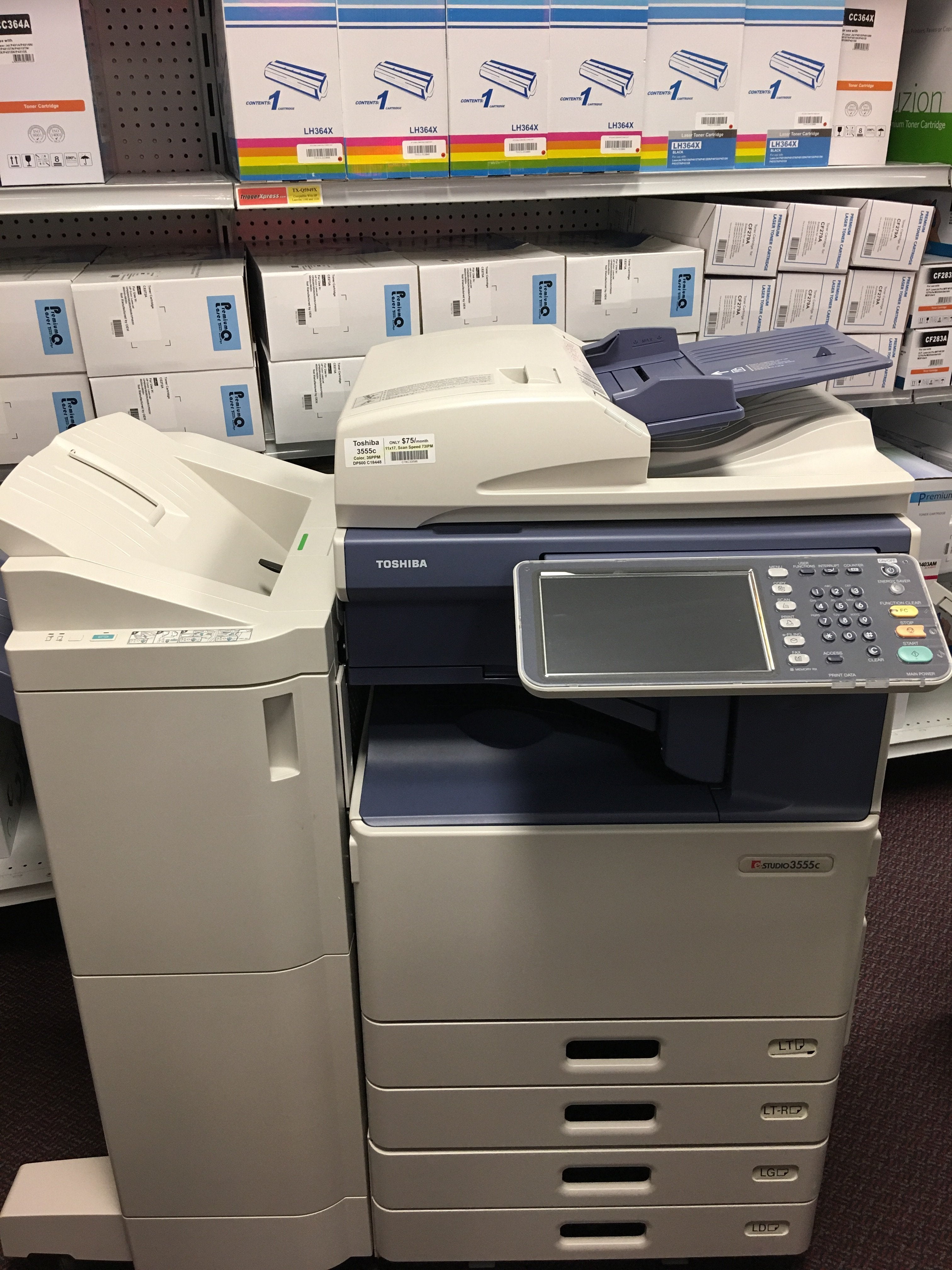 Absolute Toner REPOSSESSED Toshiba e-STUDIO 3555c Color Copier With Finisher 11x17 Office Copiers In Warehouse